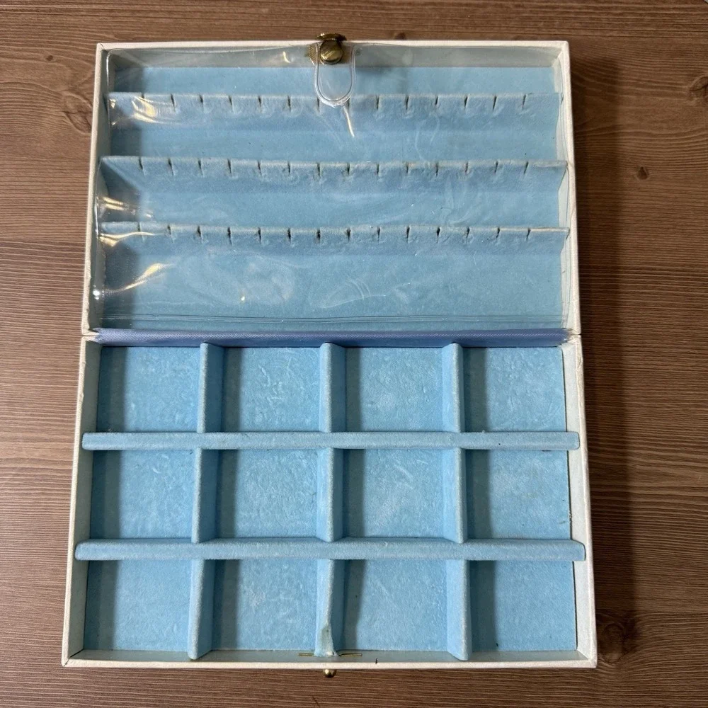 Vintage Lady Buxton Hinged Travel Case Cream White Blue Lined